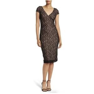 DRESS THE POPULATION Black Floral Lace Cap Sleeve Faux Wrap Dress Small New Af14